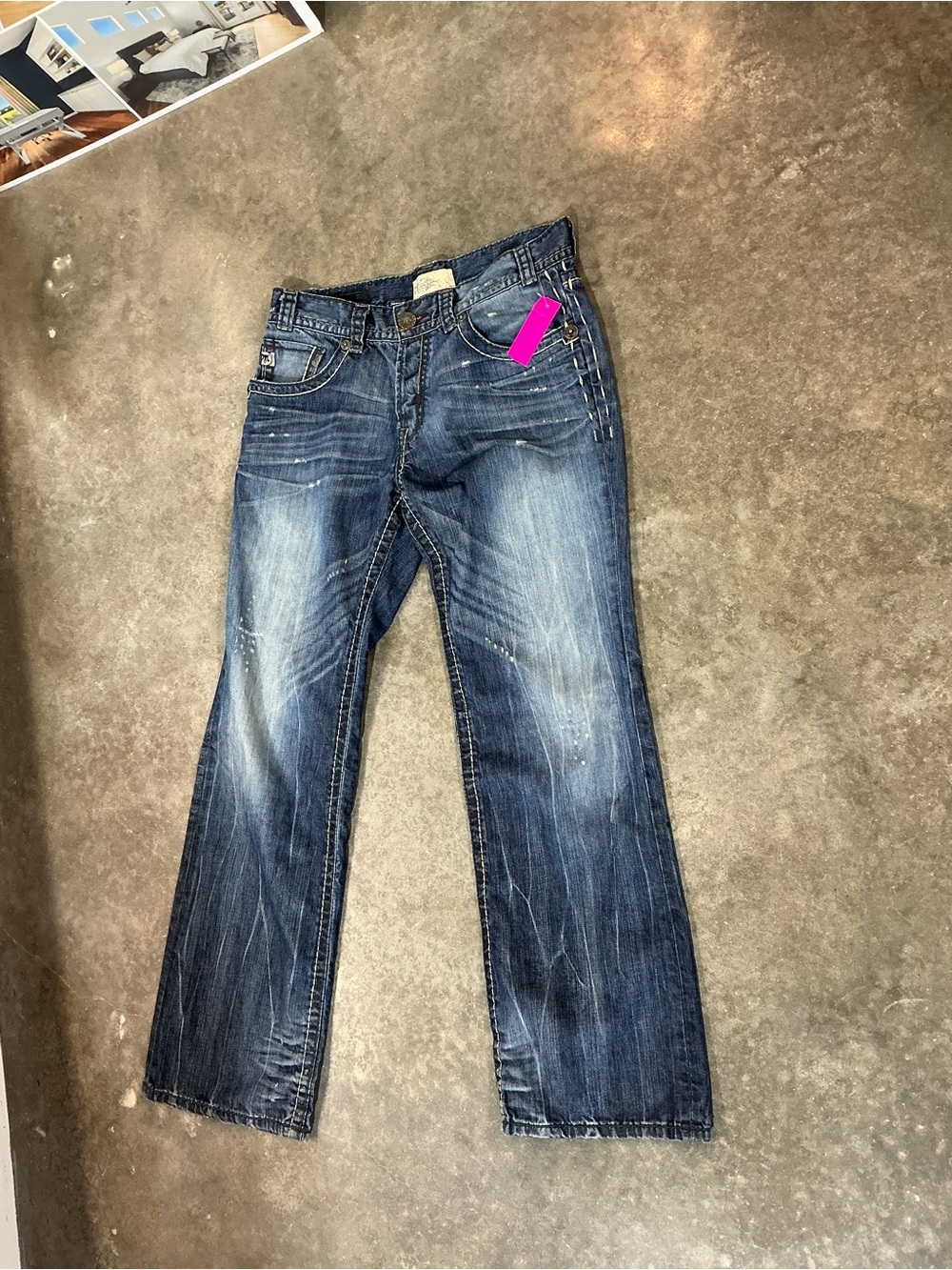 MEK Denim Jeans Men’s Distressed Medium Wash Embroidered Pocket Denim 17x30
